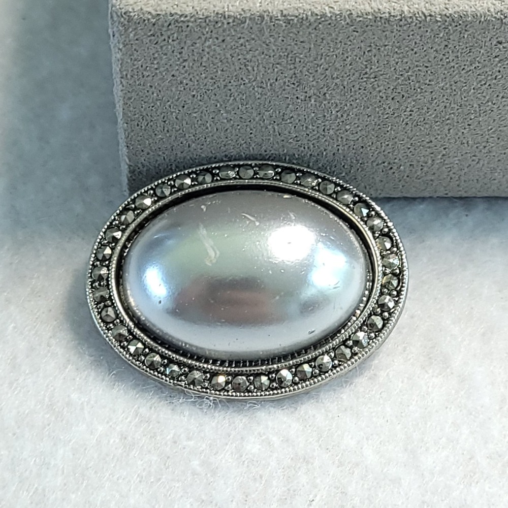 Faux Pearl Marcasite Brooch Silver Tone Victorian Revival Oval Statement Pin